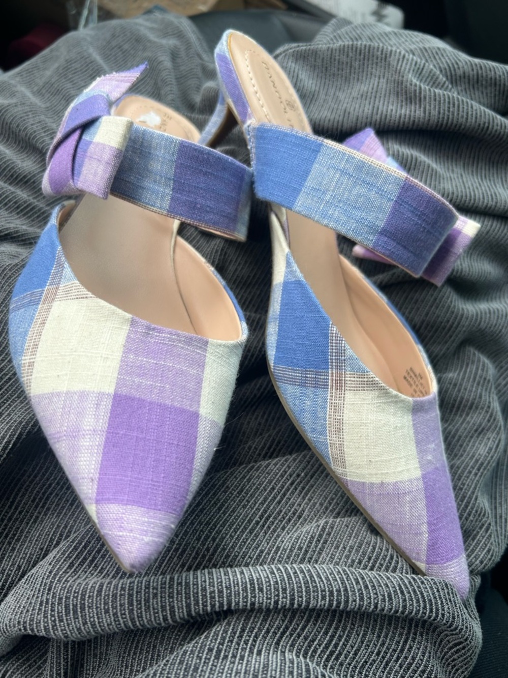 Bandolino Pointed-Toe Plaid Slingback kitten heel in Lavender and Blue